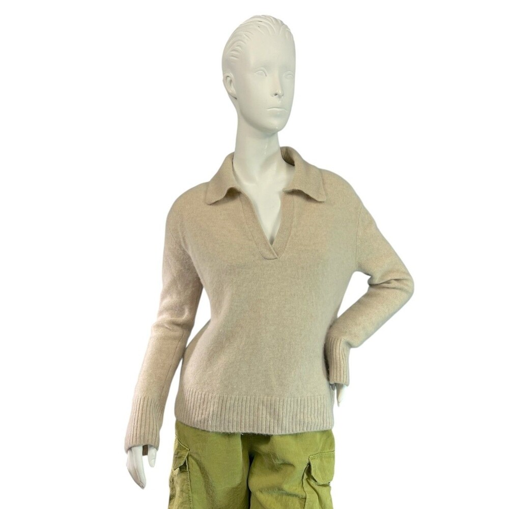 PURA Cashmere Polo V-Neck Crew Sweater Pullover in Oatmeal $345 Size Medium
